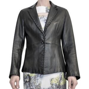 Pre-Owned Cache Single Button Front Genuine Leather Jacket Black 4